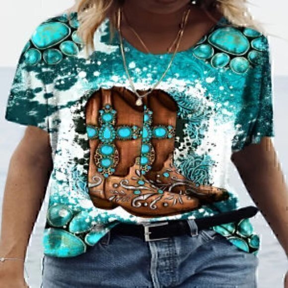 UNBRANDED Tops - Cowboy Boots Print Crew Neck T-Shirt Casual Short Sleeve L